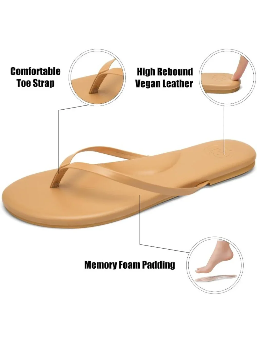 Women's Beige Summer Faux Leather Memory Foam Thong Beach Slide Flats Sandals